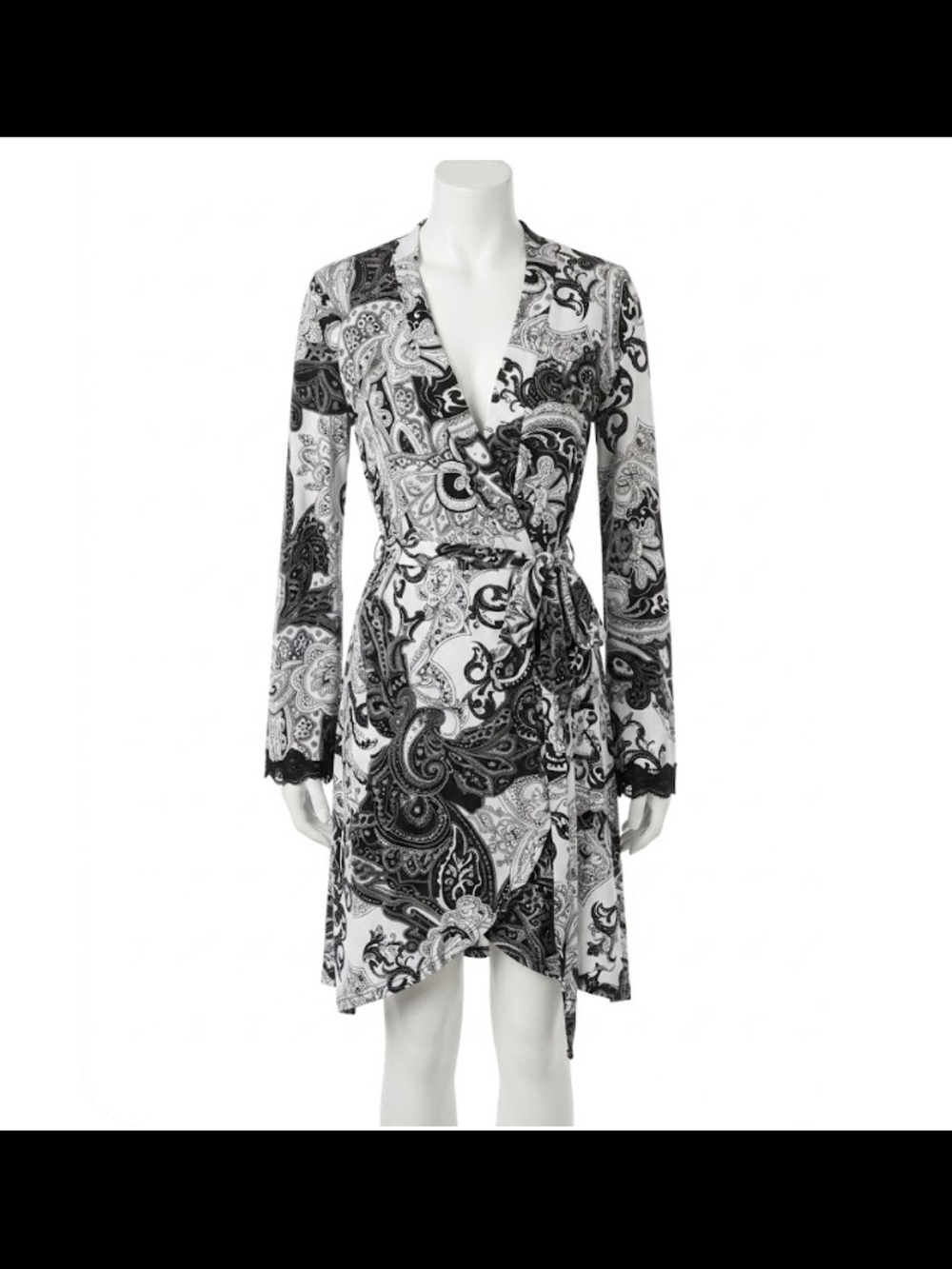 Studio Donatello Black White Paisley Wrap Dress Lace Trim Long Sleeve Size SM